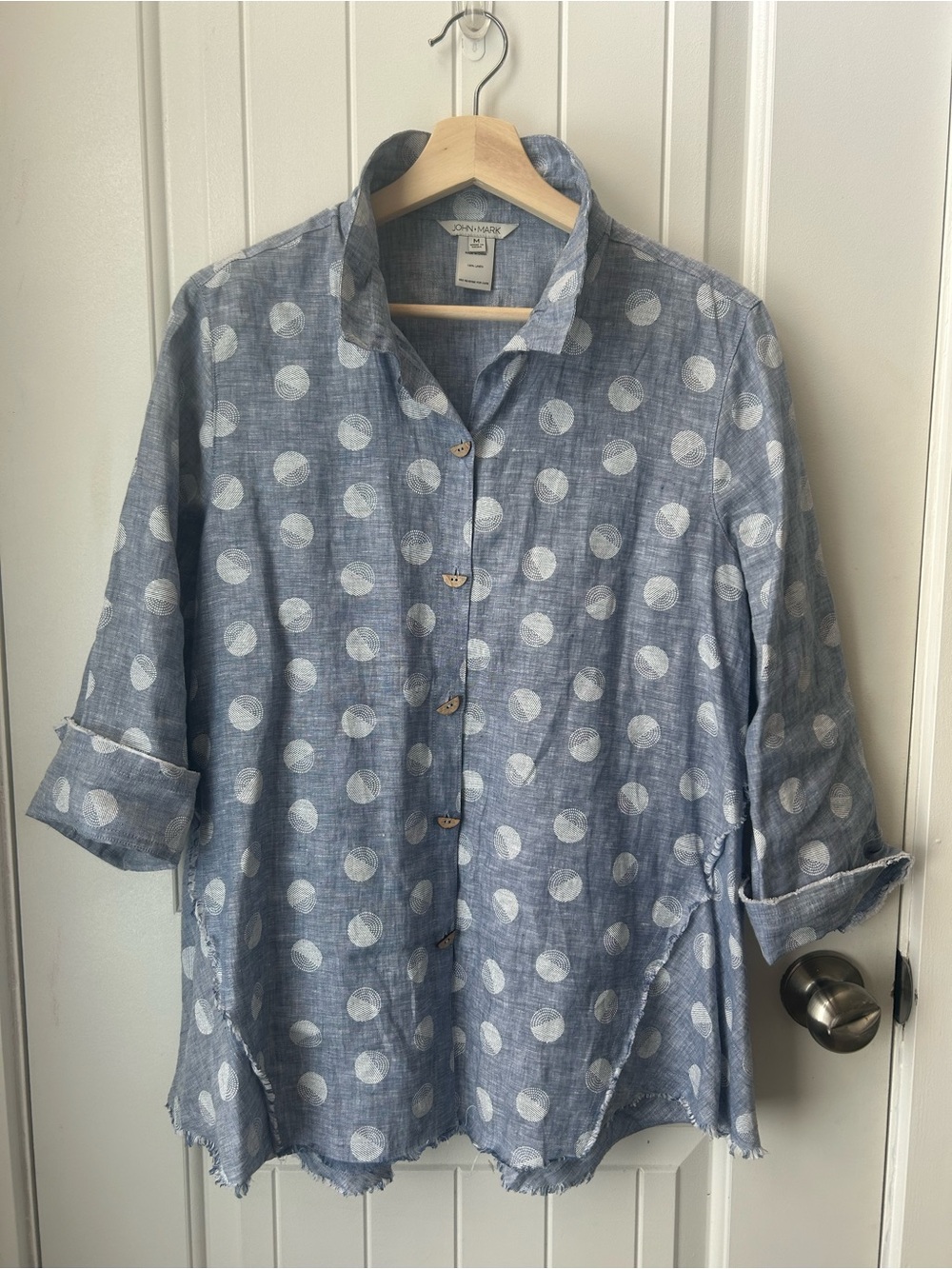 John Mark Blue Polka Dot Button-Down Linen Shirt